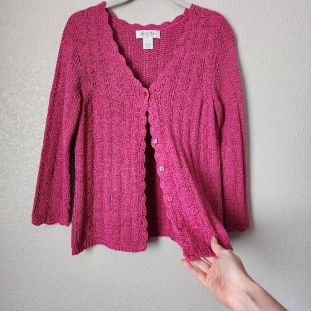 JUDITH HART VINTAGE 90s Pink Scallop Open Knit Button‎ Cardigan Sweater Size M - Picture 9 of 11